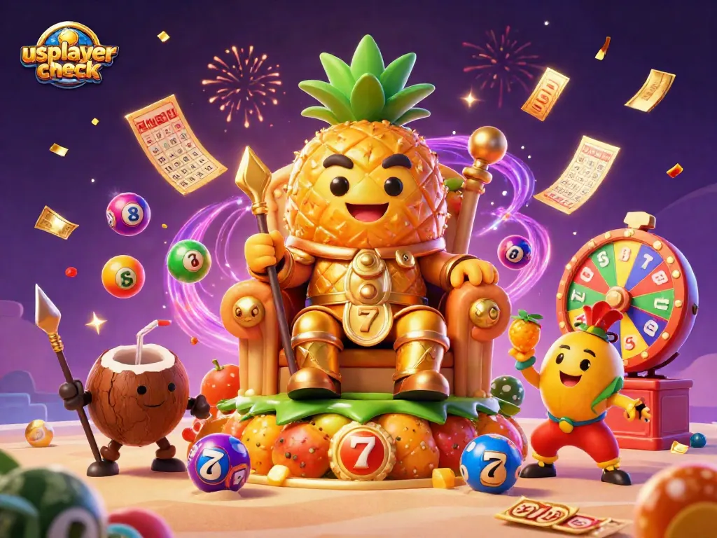Experience excitement at usplayercheck with a golden pineapple king and casino-themed elements in a vibrant scene.