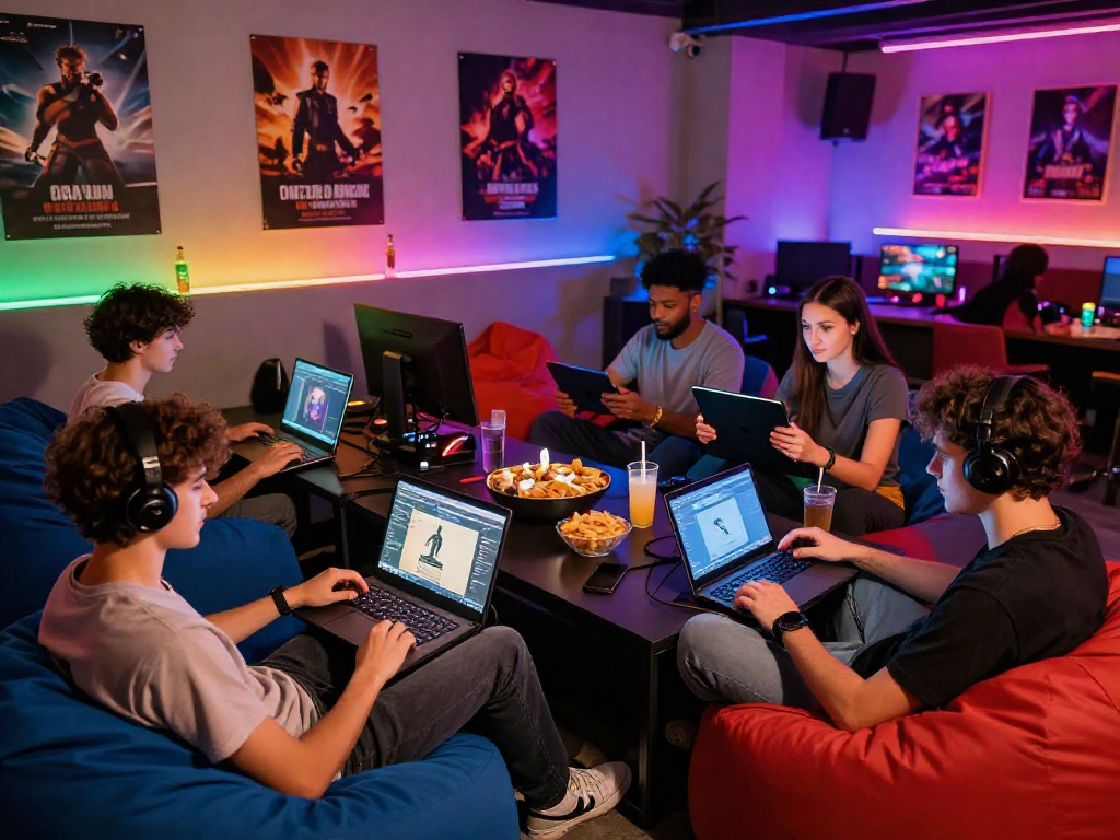 Group of friends enjoying online porn games in a vibrant gaming lounge