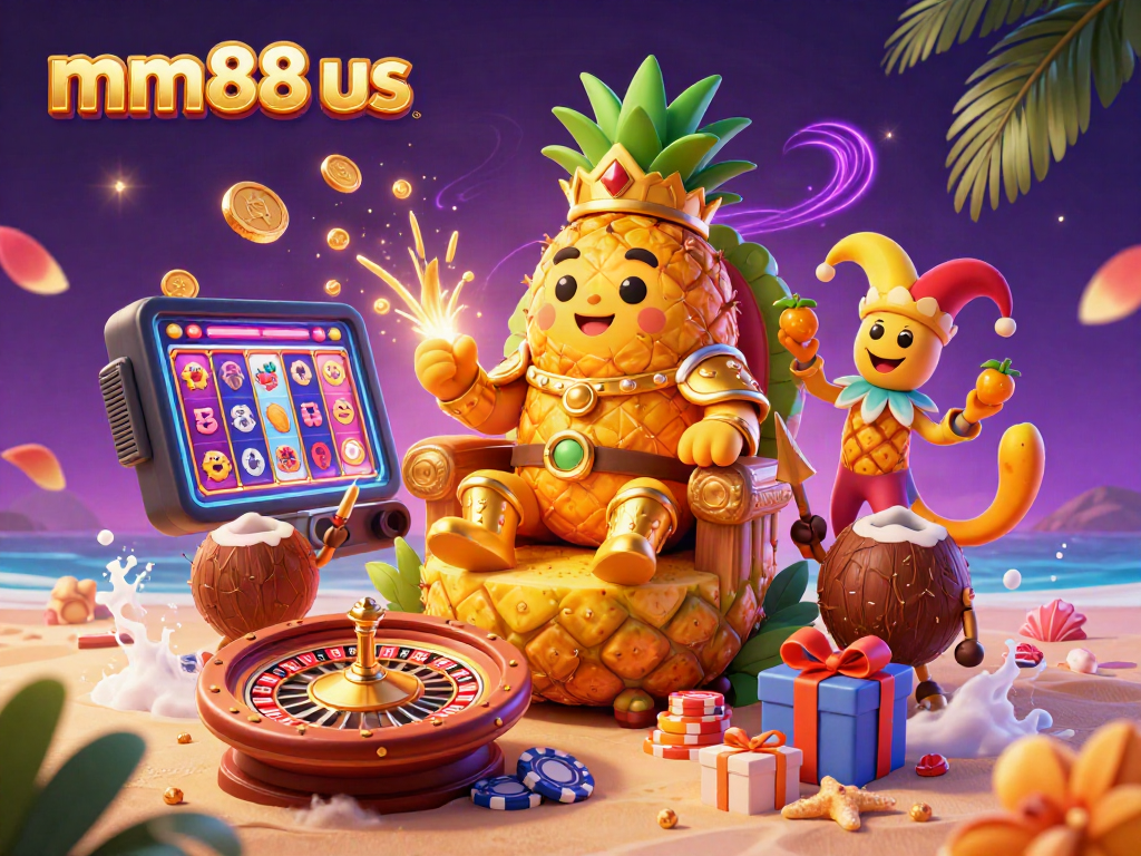 Engage in thrilling gameplay at mm88 us with the vibrant golden pineapple king in a dynamic beach casino scene.